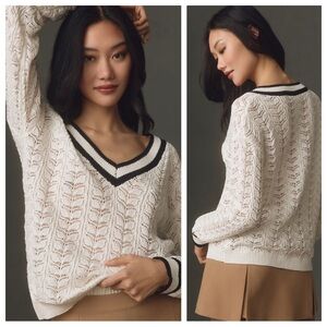 Anthropologie Flat White V-Neck Pointelle Sweater